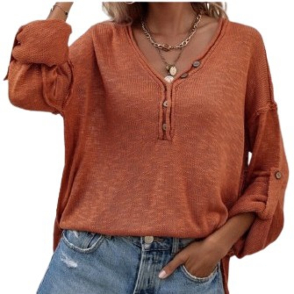 womans Large oversized Rust Color boho knit button sleeve v neck sweater